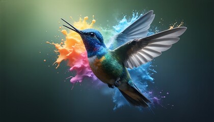 Fototapeta premium A colorful hummingbird with iridescent feathers is captured mid-flight, its wings spread wide as it sips nectar from a vibrant flower.