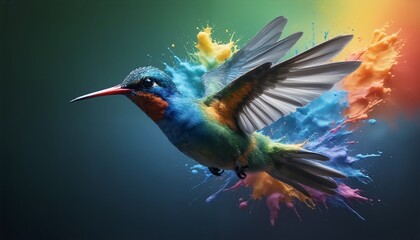 A hummingbird in flight with its wings spread wide, amidst a vibrant splash of paint that appears to be bursting from within its body.