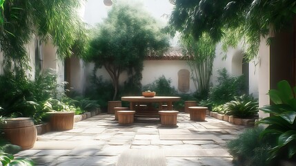 Obraz premium Serene Courtyard: Sunlit Bamboo Garden with Wooden Table