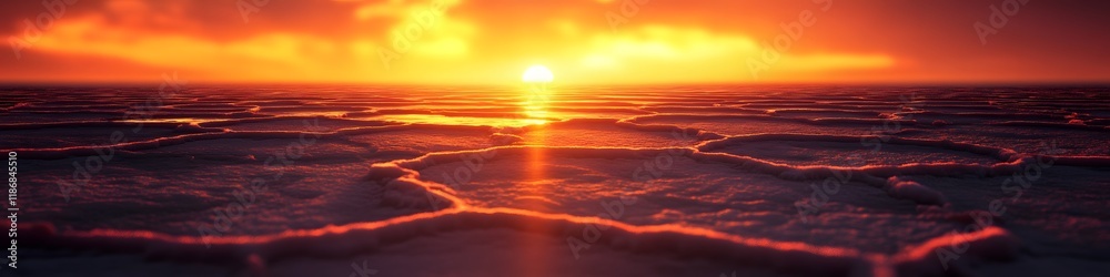 Aufkleber Panoramic view of the salt flats glowing under a fiery sunset, with dynamic textures of the hexagonal patterns creating depth, in 4K resolution