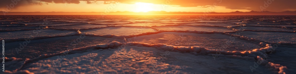 Leinwandbilder Panoramic view of the salt flats glowing under a fiery sunset, with dynamic textures of the hexagonal patterns creating depth, in 4K resolution