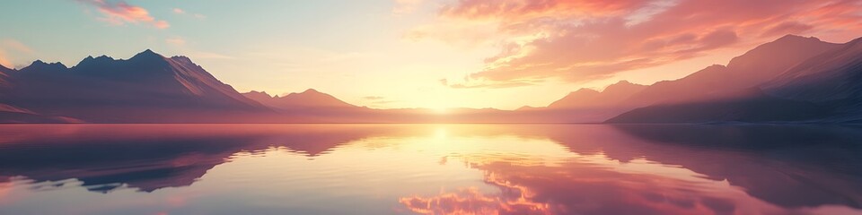 Fototapeta premium Panoramic view of the sunrise illuminating the flooded salt flats, with warm colors reflected in the water and distant mountains adding depth, in 4K resolution
