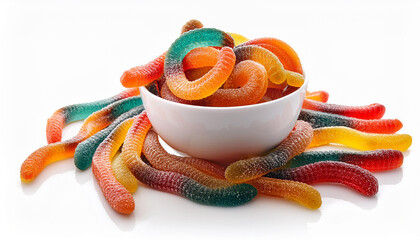 fruit flavored worm shape jelly candies in white cup isolated on white background