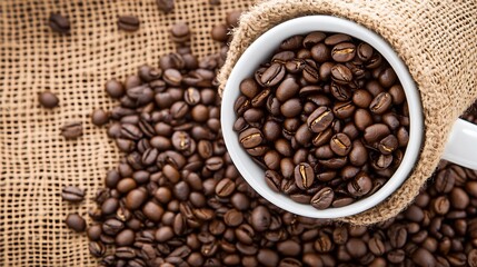 Fototapeta premium Coffee Beans Overflowing from a White Cup on Burlap Surface : Generative AI
