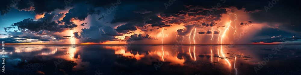 Poster Aerial panorama of vibrant lightning bolts illuminating the flooded salt flats, with reflections creating a dynamic and surreal scene, in 4K resolution