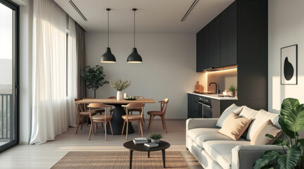 Fototapeta premium bright modern apartment interior design with wood dining set gray sofa