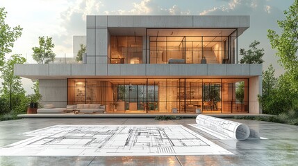 A modern house with large glass windows sits by a pool, showcasing a blueprint rolled out on the ground, blending architecture and nature.