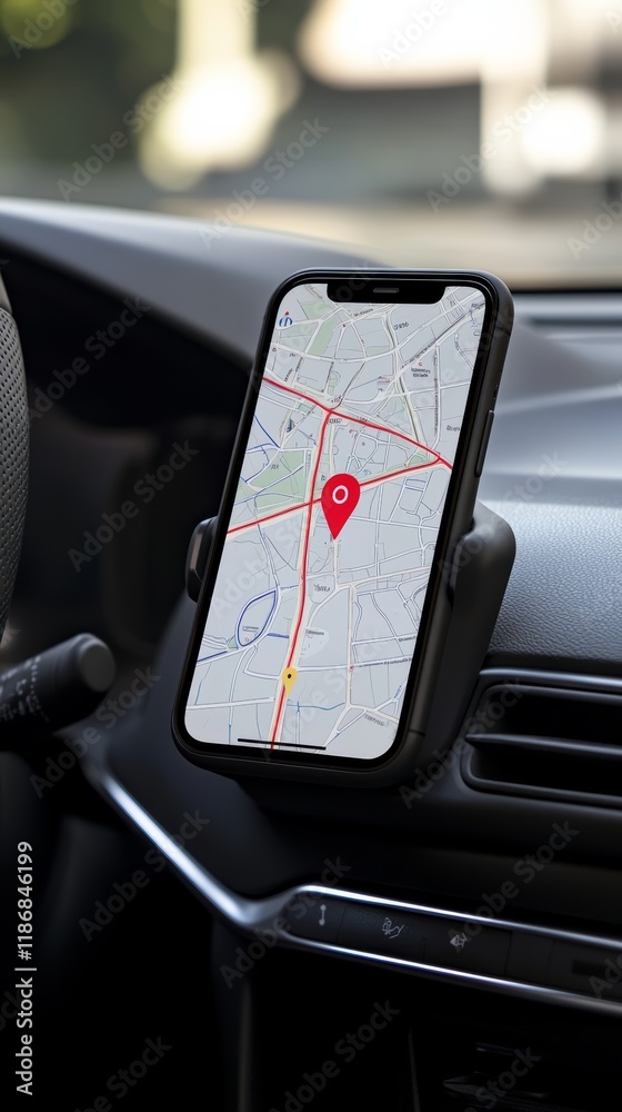 Poster Modern smartphone displaying gps navigation app with marked route and destination point is securely mounted on car dashboard, providing convenient and safe navigation for driver