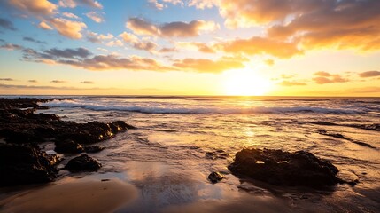 Golden Sunset Over Rocky Beach Waves Captured at Scenic Seashore : Generative AI