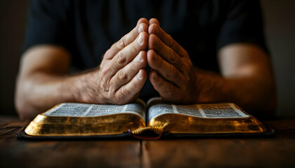 Obraz premium Man praying, Bible, wooden table, dark background, faith