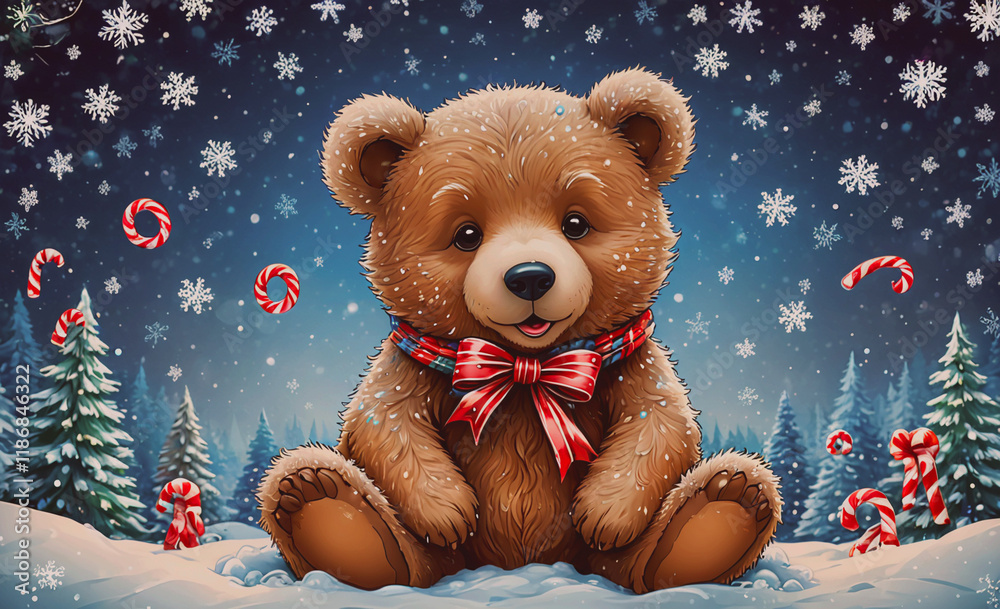 Poster teddy bear is sitting in the snow with a red ribbon around its neck. there are also some candy canes