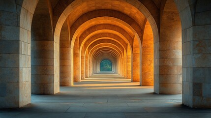 Golden Sunlight Illuminates Serene Archway Corridor