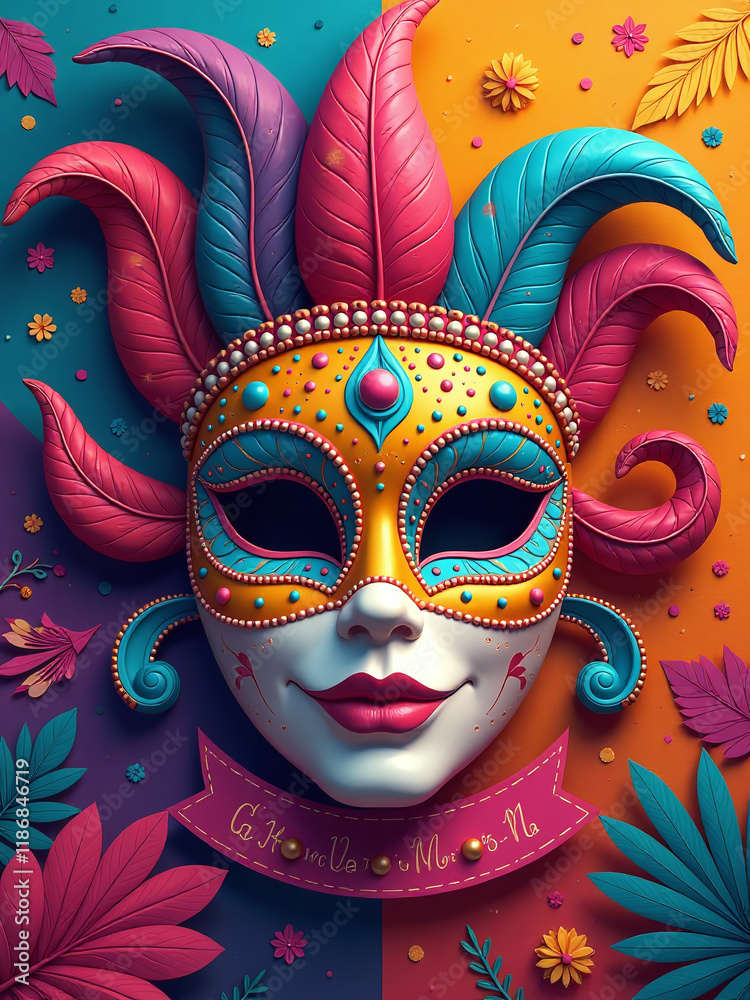 Poster A Vibrant Colorful Background Featuring A Festive Carnival Mask And Banner In Bold, Playful Design Elements And Textures. 00003
