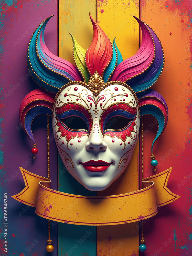 Poster A Vibrant Colorful Background Featuring A Festive Carnival Mask And Banner In Bold, Playful Design Elements And Textures. 00002