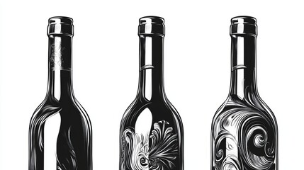 Elegant Display of Three Wine Bottles Adorned with Intricate Floral Patterns in a Sophisticated Setting