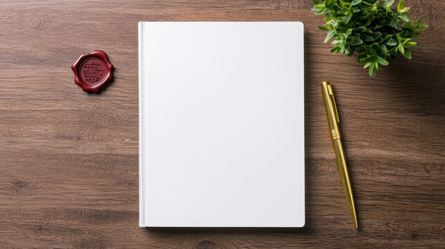 blank book with wax seal, pen, and plant on wooden table