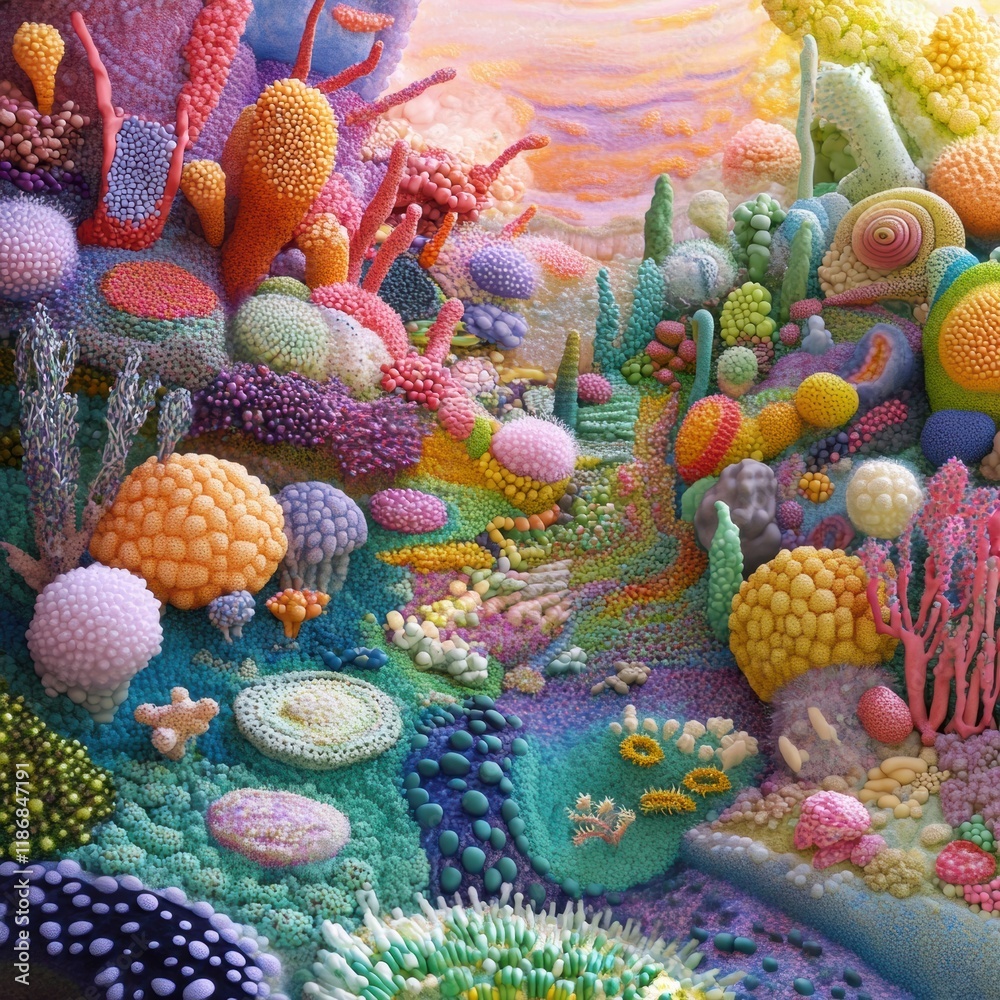 Poster bacterial art in vibrant colors showcasing diverse forms and textures in an abstract landscape. gene