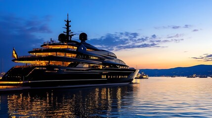 Fototapeta premium Luxury Superyacht at Sunset with Serene Ocean View and Calm Harbor : Generative AI