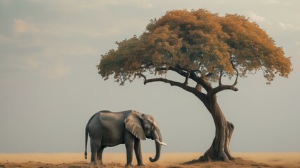 Serene scene with elephant under tree in savannah, highlighting nature's beauty and wildlife conservation importance