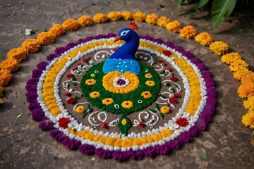 Naklejka premium Indian Rangoli art, flower decoration and a lamp