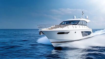 Fototapeta premium Luxurious Motor Yacht Cruising Across Open Sea Under Sparse Clouded Sky : Generative AI