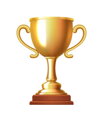 Golden goblet on a wooden stand. Vector 3d clipart.