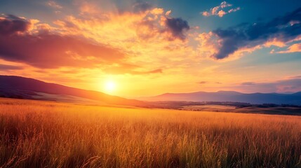 Obraz premium Breathtaking Golden Sunset Over Vast Wheat Field with Vibrant Sky and Rolling Hills : Generative AI