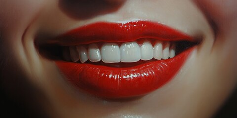 Obraz premium A close view of a womans lips expresses a feeling of joy or happiness, highlighting the emotion clearly in a vibrant manner. The joy is evident in her smile.