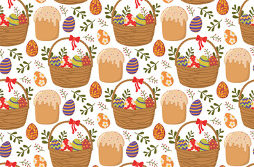 Bright seamless background with Easter cake, basket and painted eggs. Festive pattern with traditional Easter elements