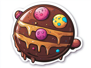 Chocolate planet topped with colorful candies and dripping frosting in a playful design