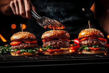 A grill master flipping burgers with tongs, with the rest of the barbecue utensils laid out on the grill station