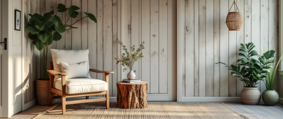serene sitting area features a light beige wooden armchair plants