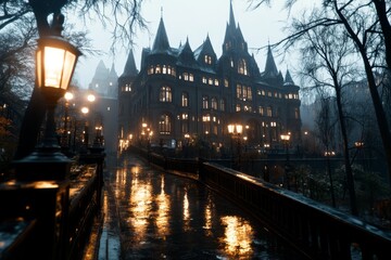 A haunting view of the Chor Minor at night, with eerie shadows and faint moonlight reflecting off its towers