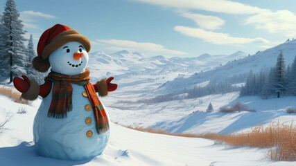 Obraz premium Cheerful snowman stands in winter landscape, surrounded by snowy mountains and bright skies, evoking holiday joy and outdoor fun