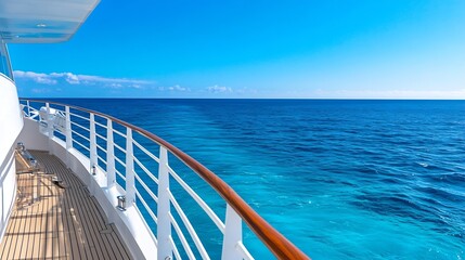 Fototapeta premium Luxury Cruise Ship Deck Overlooking Expansive Ocean Under Bright Blue Sky : Generative AI
