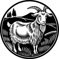 Rustic Black and White Illustration of a Majestic Goat in a Scenic Landscape