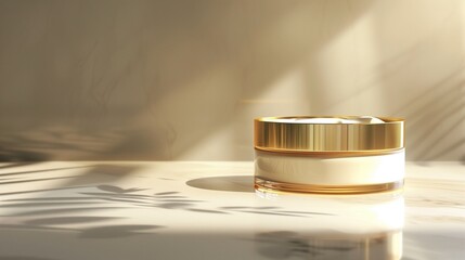 A close-up of a luxurious skincare cream jar with a golden lid, the creamy product slightly visible. The jar is placed on a minimalistic white surface, highlighting its texture.