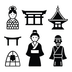 Traditional Japanese Culture Icons. Minimalist Japanese Symbol Set. Japan Heritage Vector Illustrations. Iconic Symbols of Japan's Rich Traditions. Set of Japanese Traditional Elements and Icons.