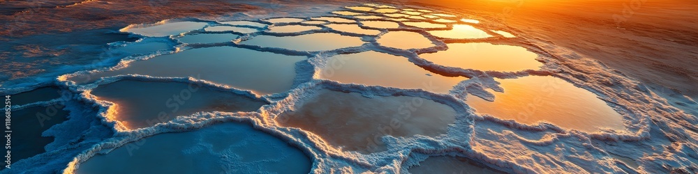 Aufkleber aerial panorama of the iconic hexagonal salt patterns glowing under the fiery hues of sunset, with d