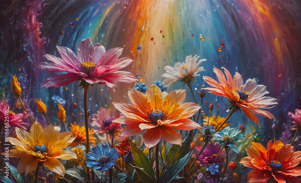 Poster painting of a field of flowers with a rainbow in the background. the flowers are of various colors a