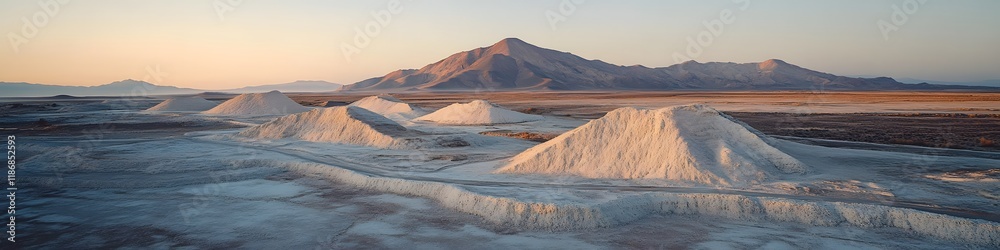 Poster aerial panorama of the geometric salt formations glowing under soft twilight, with distant mountains
