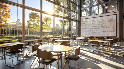 Modern classroom with natural light and outdoor view.