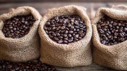 Fototapeta premium Rustic Burlap Bags Filled with Fresh Roasted Coffee Beans for Artisan Brewing : Generative AI