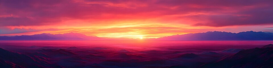 Fototapeta premium Aerial panorama of the endless salt flats glowing under vibrant sunset hues, with the rugged Andes mountains on the horizon, in 4K resolution