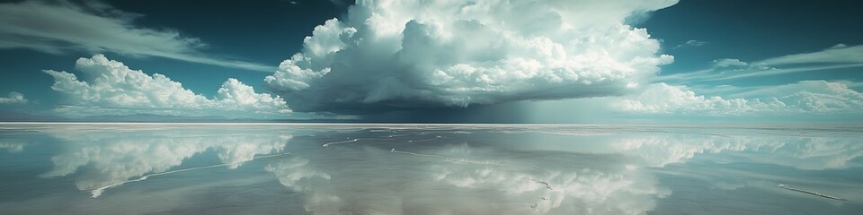 Obraz premium Wide-angle shot of a storm rolling across the flooded salt flats, with dramatic clouds reflected perfectly in the water, in 4K resolution