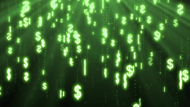 Falling Green Dollar Signs with Light Rays and Bokeh Effect on Dark Background