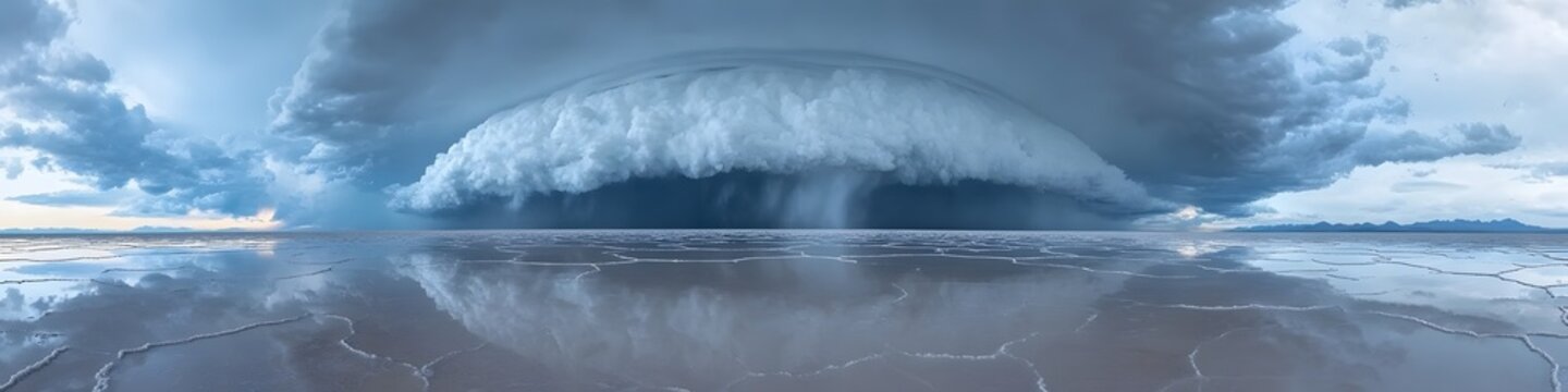 Wide-angle shot of a storm rolling across the flooded salt flats, with dramatic clouds reflected perfectly in the water, in 4K resolution