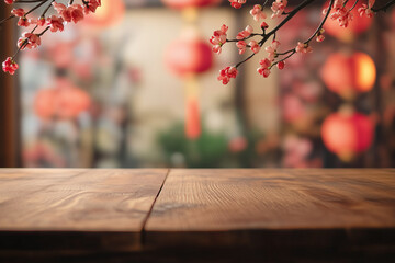 Wooden top table with Chinese house interior in background
