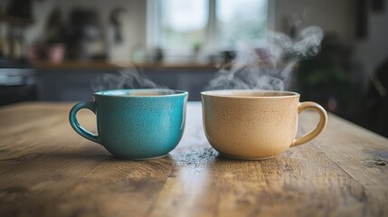 Obraz premium Two Vibrant Ceramic Teacups on Rustic Oak Table with Steam Rising