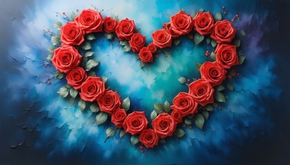 A heart made of red roses on a canvas with an abstract background.